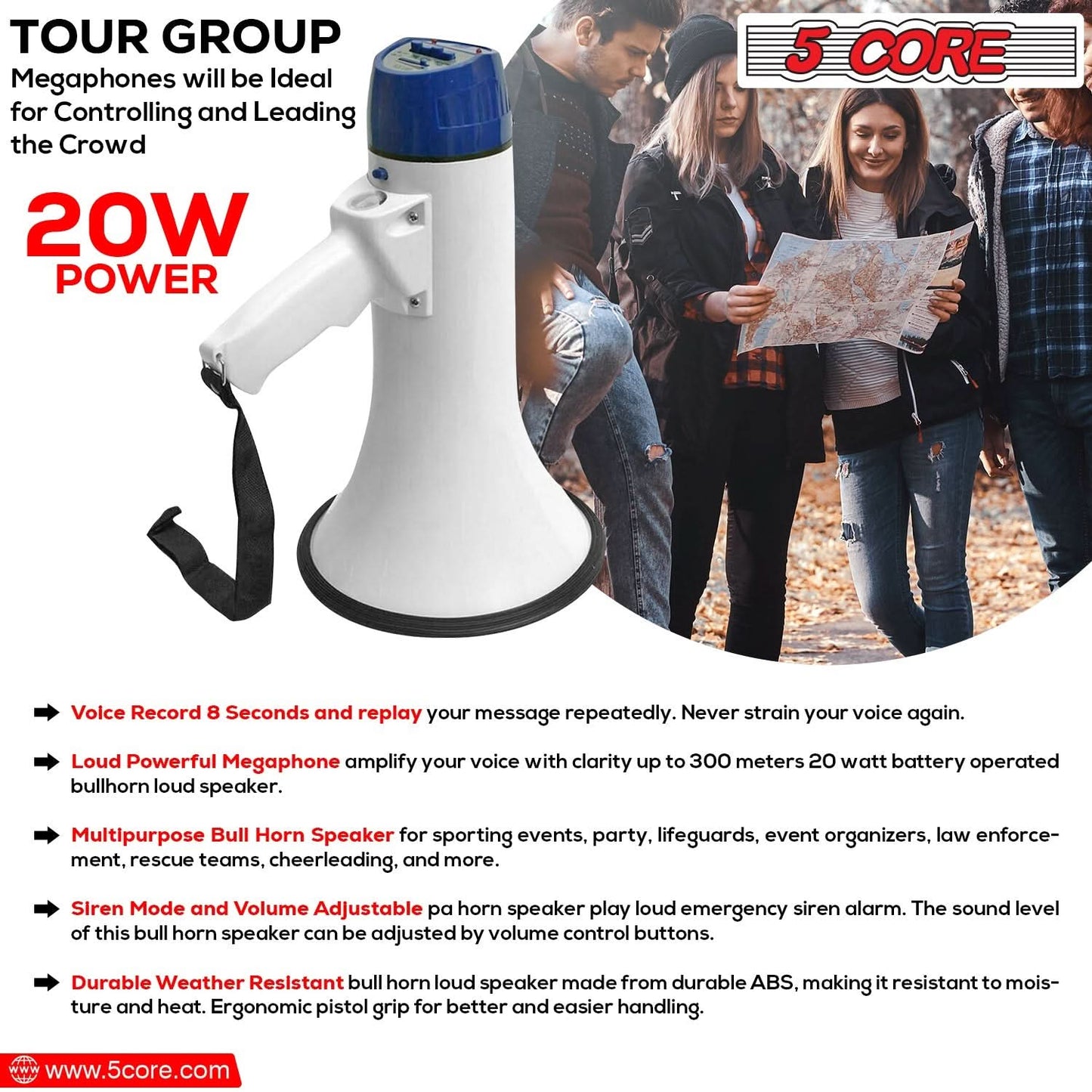5Core 20W Battery-Powered Megaphone Bullhorn Loudspeaker