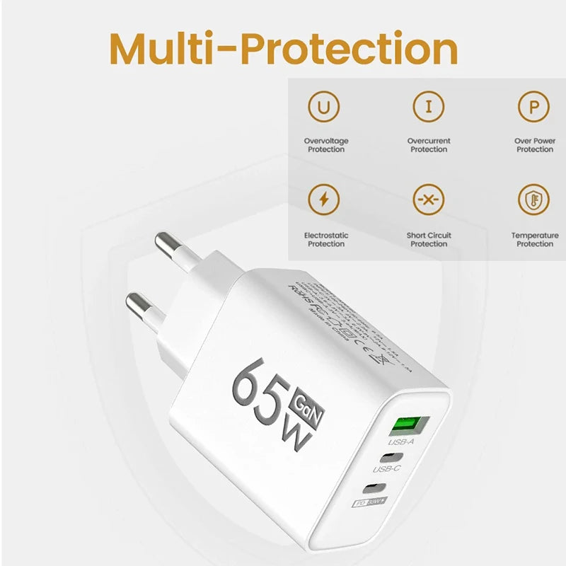 GaN Snabbladdning 65W USB Typ C Laddare EU KR US PD 3.0