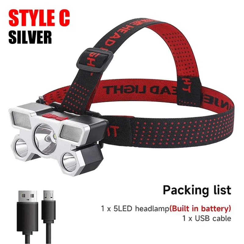 5 LED-ficklampa Uppladdningsbar med inbyggd 18650 batteri Starkt ljus Camping Äventyr Fiske Head Light Pannlampa