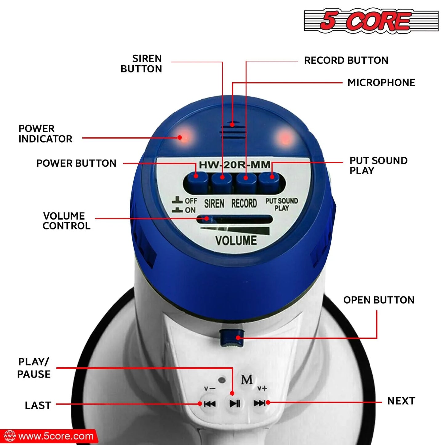 5Core 20W Battery-Powered Megaphone Bullhorn Loudspeaker