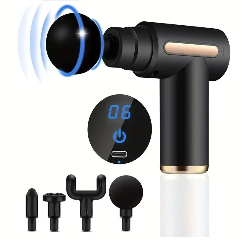 Bärbar Fascial Massage Gun Elektrisk slagpistol Massager Kroppsavslappning med LED-pekskärm 4 Utbytbart huvud