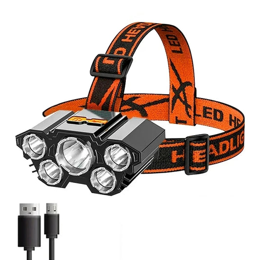 5 LED-ficklampa Uppladdningsbar med inbyggd 18650 batteri Starkt ljus Camping Äventyr Fiske Head Light Pannlampa