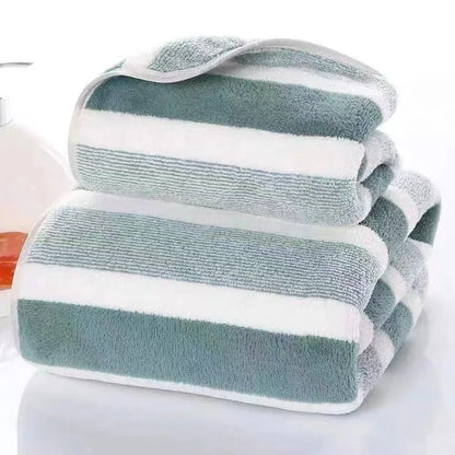 Optimized Title: Thickened Coral Fleece Bath Towel - Soft Absorbent Wide Stripe, 3 Colors Unisex Home Use