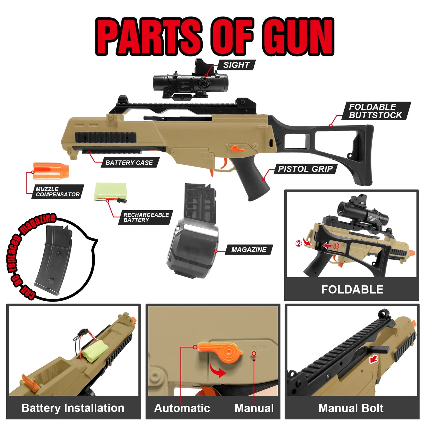 G36C High Speed Electric Gel Balls Blaster, Automatic & Manual Dual Modes Water Bullets Gun, Outdoor Shooting Games, Gifts