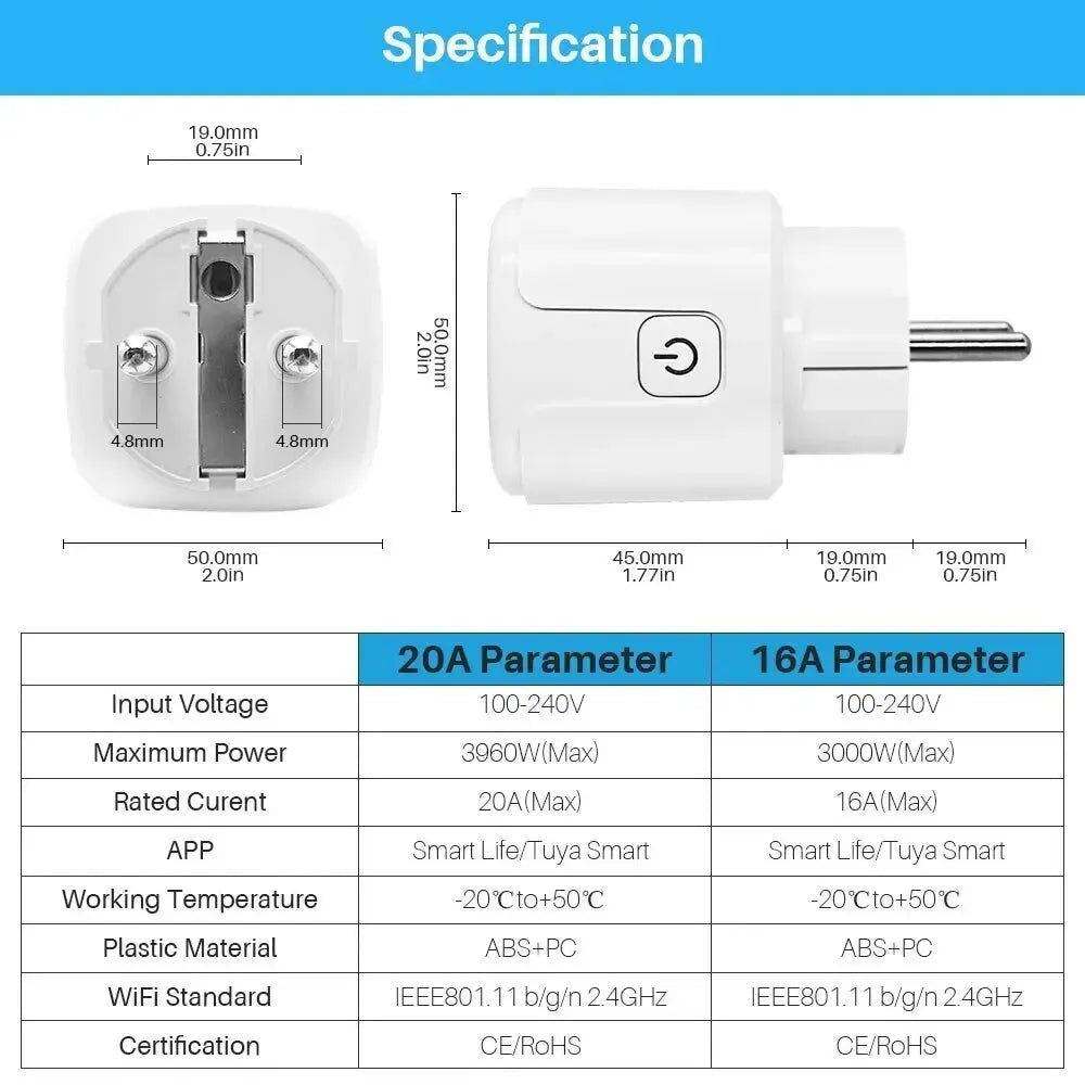 Tuya 16A 20A EU Smart Socket WiFi Smart Plug Med Power Monitoring Timer Funktion Röststyrning Alexa Google Assitant