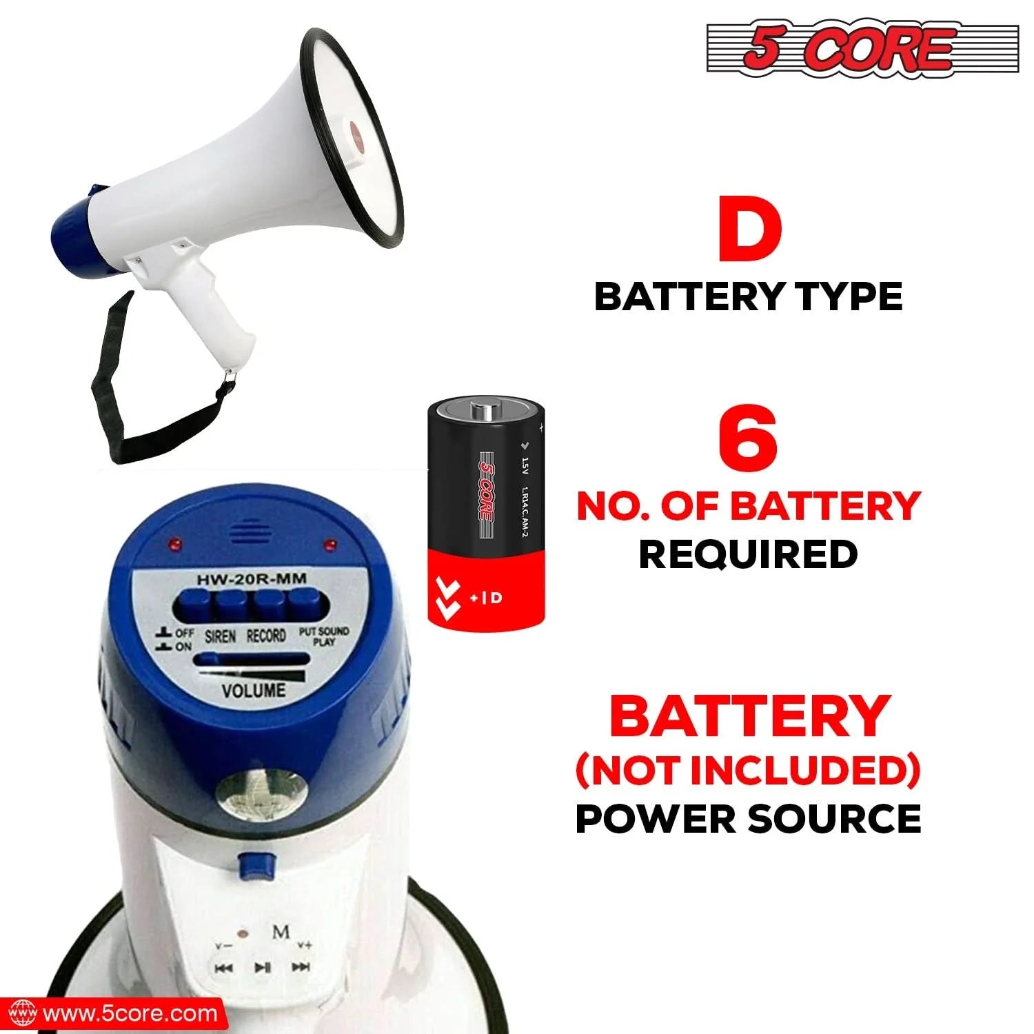 5Core 20W Battery-Powered Megaphone Bullhorn Loudspeaker