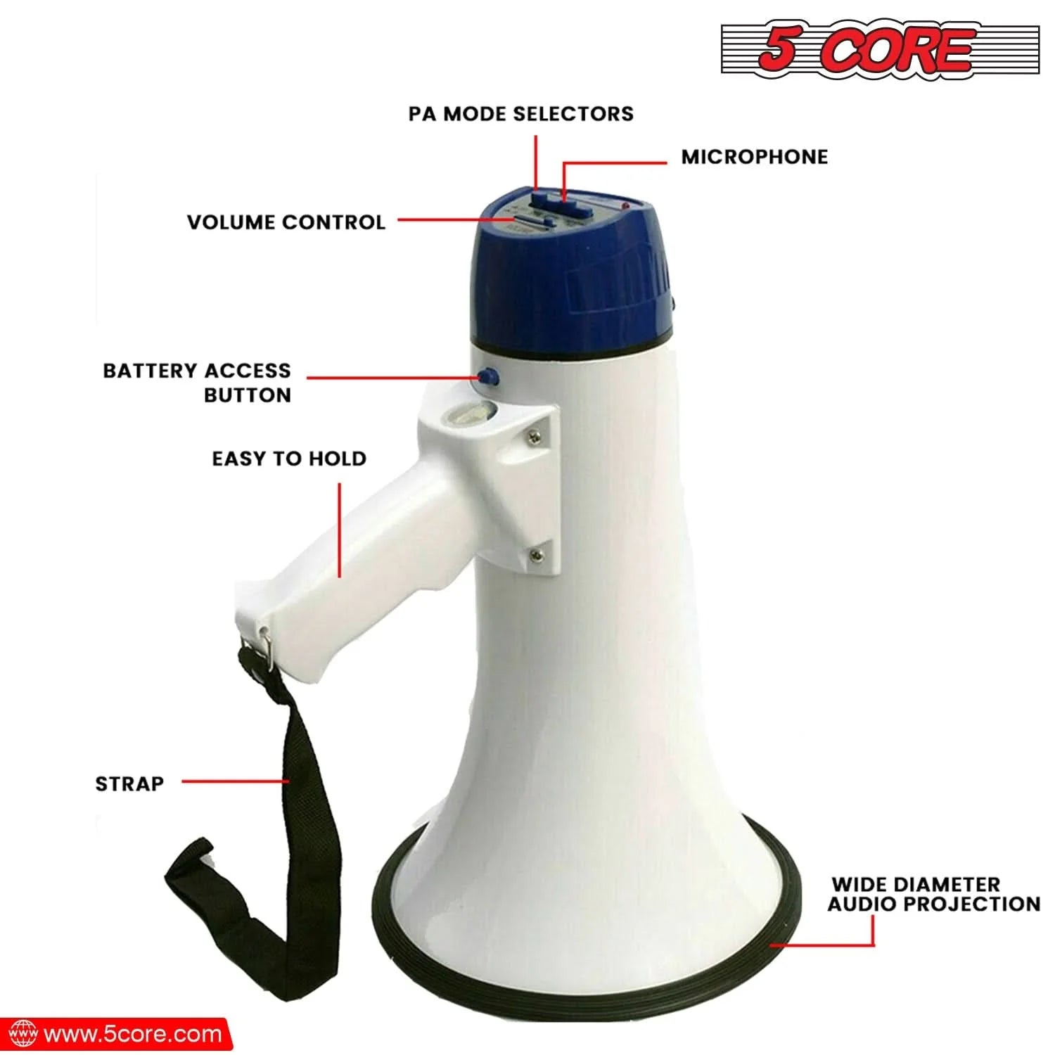 5Core 20W Battery-Powered Megaphone Bullhorn Loudspeaker